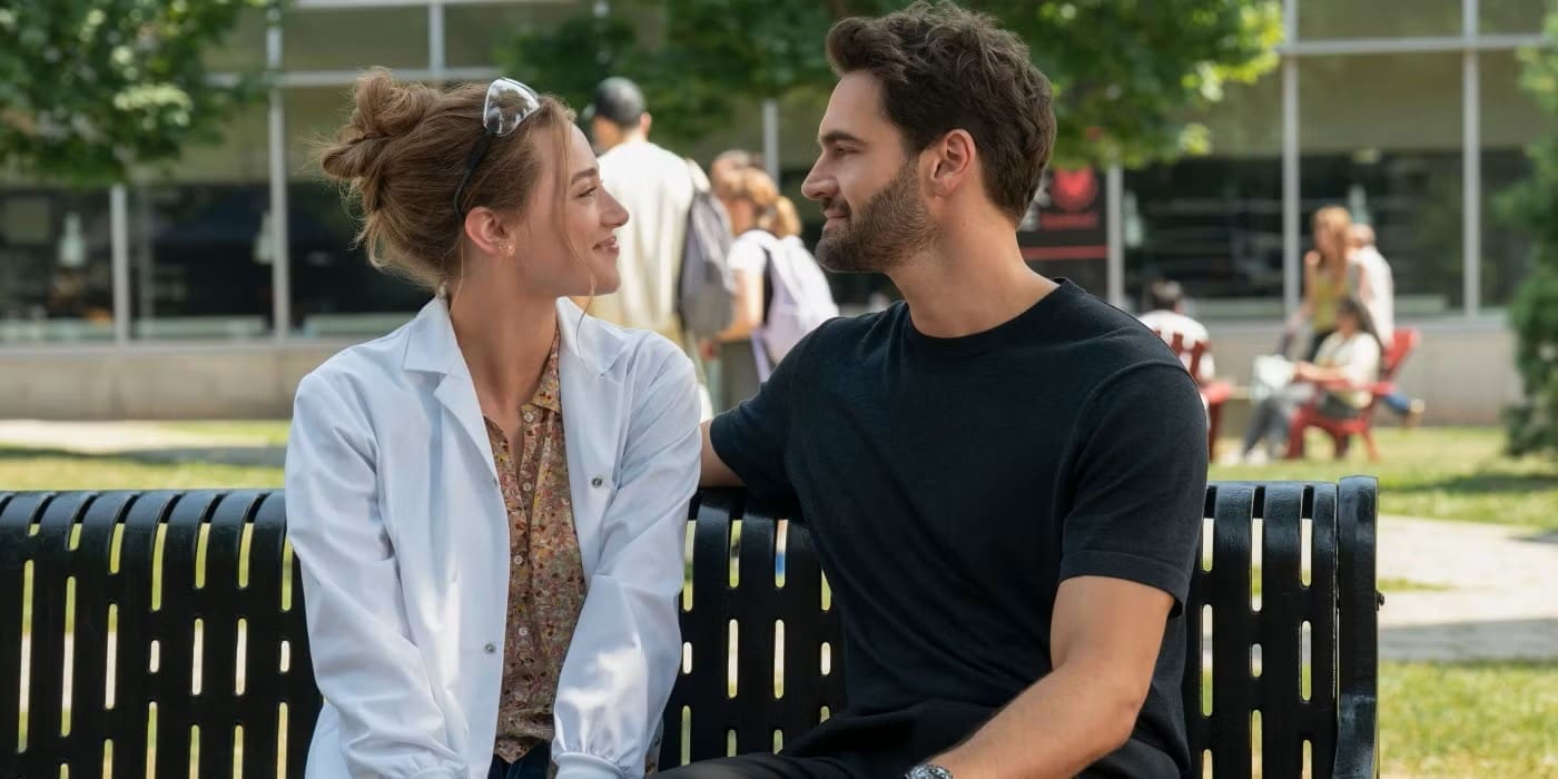 Lili Reinhart and Tom Bateman in Prime's THE LOVE HYPOTHESIS.